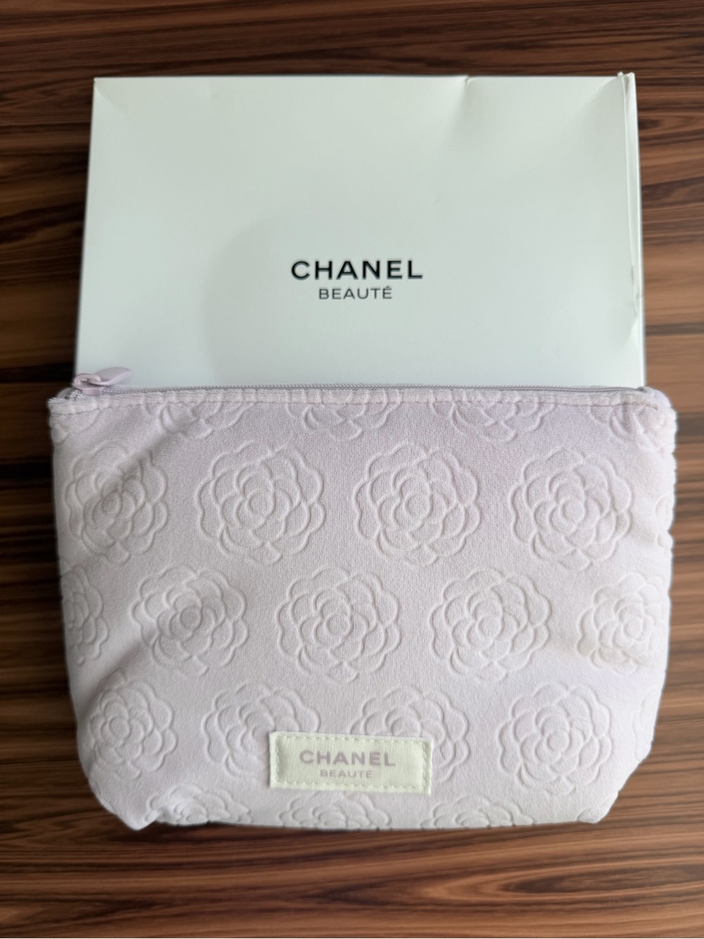 CHANEL Beauté lavendar Embossed Camellia Cosmetic Pouch